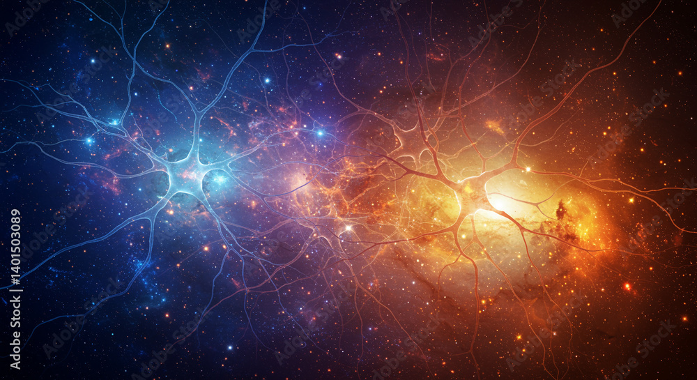 Poster cosmic network of neurons with blue and orange glow in space background. neurons network with branch