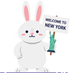 Cheerful white rabbit holding a sign welcoming visitors to New York in a minimal vector illustration