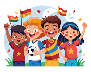 A group of kids watching a soccer game, cheering with flags and face paint isolated on transferring background