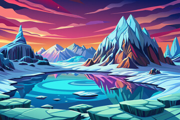 Mountains peak view snowy landscape with frozen lake, vector illustration background, snow high alp mountain