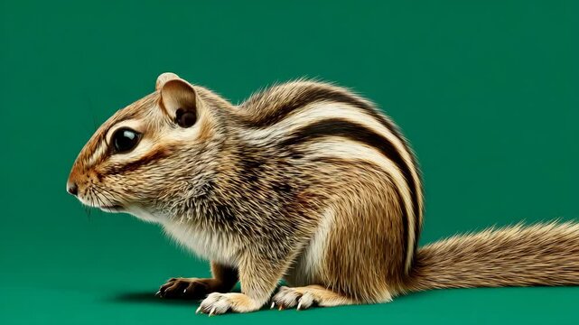 Close-up of a curious chipmunk on a vibrant green background, showcasing its detailed fur and features