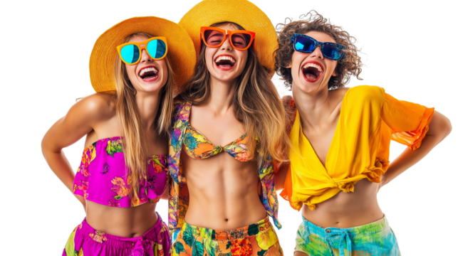 hree best friends posing together in bright summer clothes, laughing,