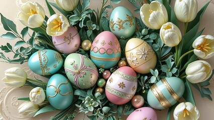Beautifully painted Easter eggs and white tulips 