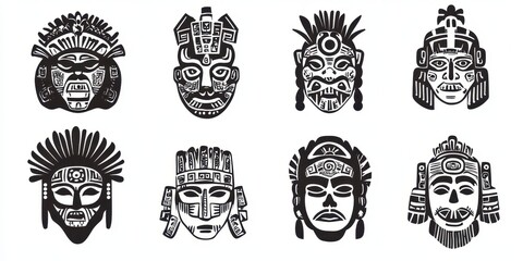 Collection of Hand-Illustrated Ethnic Masks: Maya Face Symbols in Artistic Design