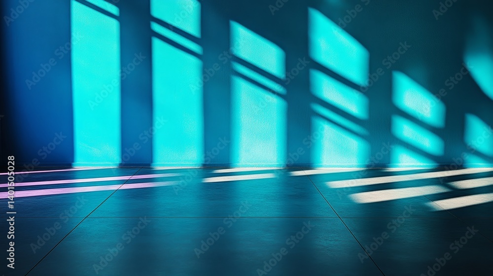 Poster shadows cast by sunlight create geometric patterns on a turquoise wall in a bright and minimalistic 