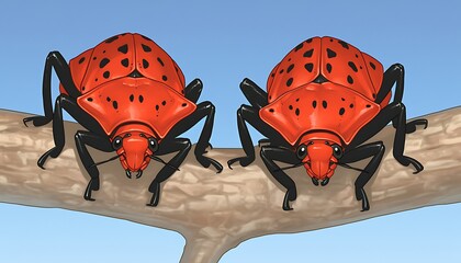 Red Bugs on Branch, Blue Sky