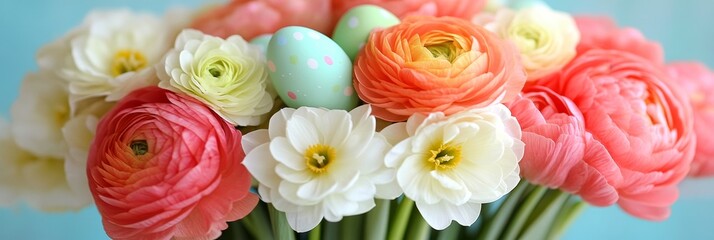 Colorful Easter Eggs and Vibrant Spring Flowers Create a Festive Arrangement in a Garden Setting During the Sunny Season