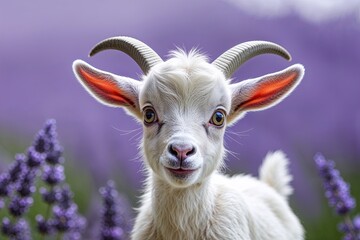 Fototapeta premium Cute Baby Goat with Wide Eyes and Surprised Expression on Soft Lavender Background