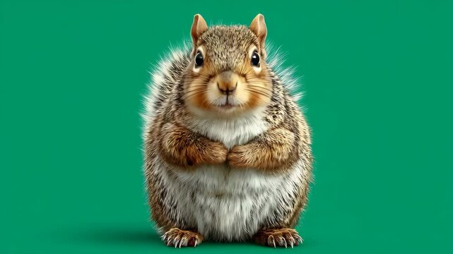 Cute squirrel posing against a vibrant green background, showcasing its fluffy fur and playful demeanor