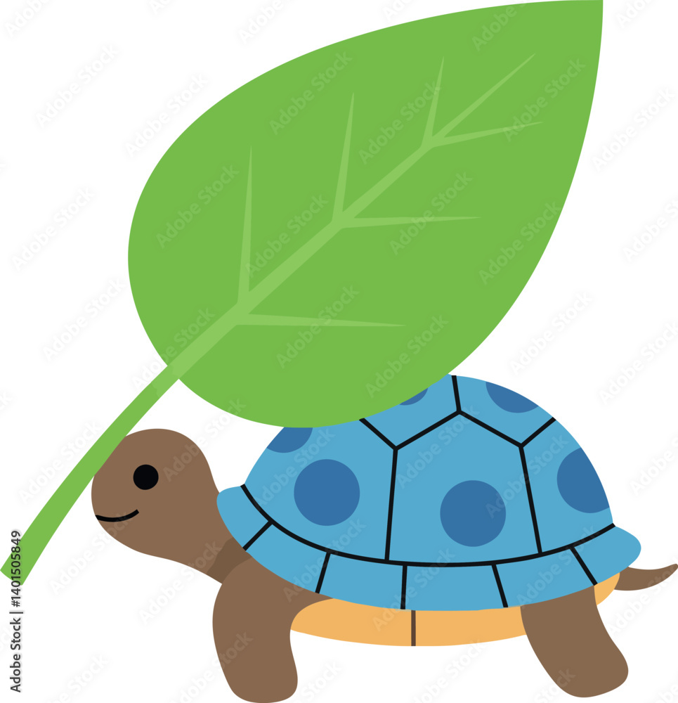 Poster a cheerful turtle with a large green leaf on its shell in a flat design vector illustration
