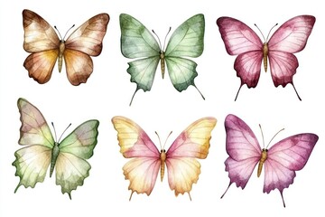 A set of colorful butterflies painted in watercolor, including shades of pink, green, brown, and yellow, isolated on a white background.