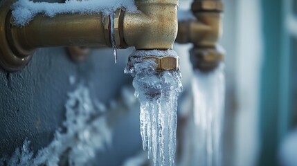 Frozen water pipes inside a home during winter, the frozen pipes glistening in the cold air, highlighting the need for maintenance and warmth in the house.