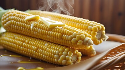 Rustic Steamed Corn Cob Image with Butter - Organic Food Photography