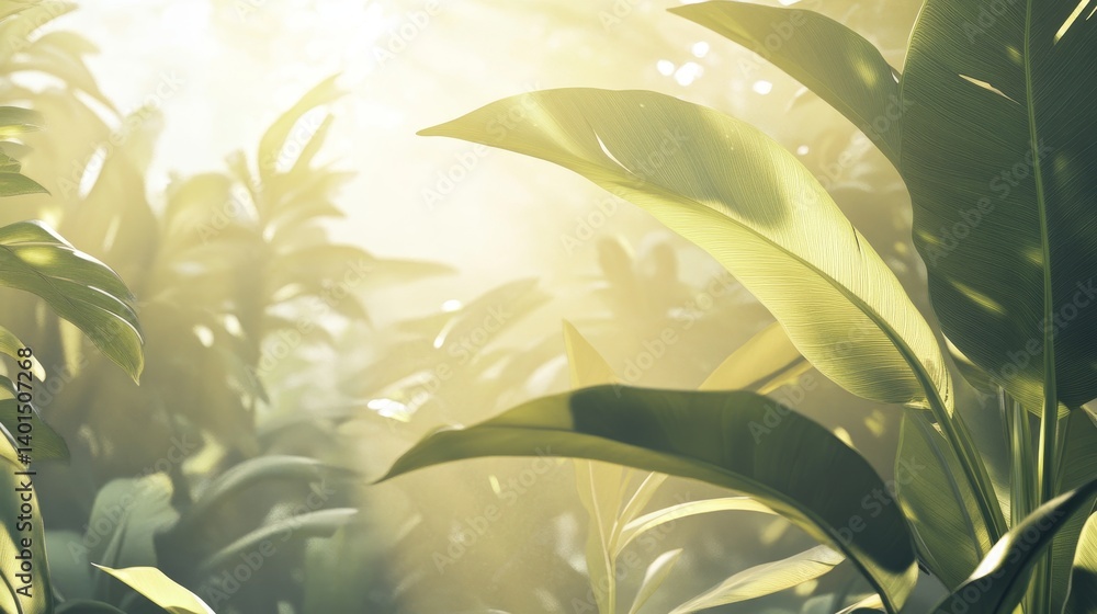 Poster sunlight filters through lush green foliage in a serene jungle setting, creating an enchanting atmos