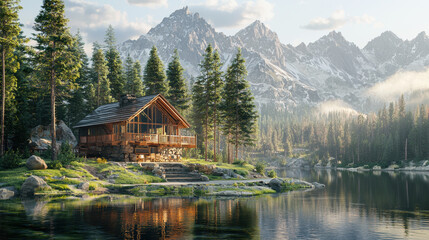 Fototapeta premium A serene mountain cabin led beside a tranquil lake reflects the majestic snow-capped peaks in the golden morning light offe breathtaking views and peaceful solitude.