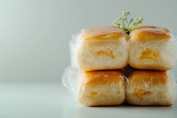 Four wrapped bread buns stacked attractively on a bright surface