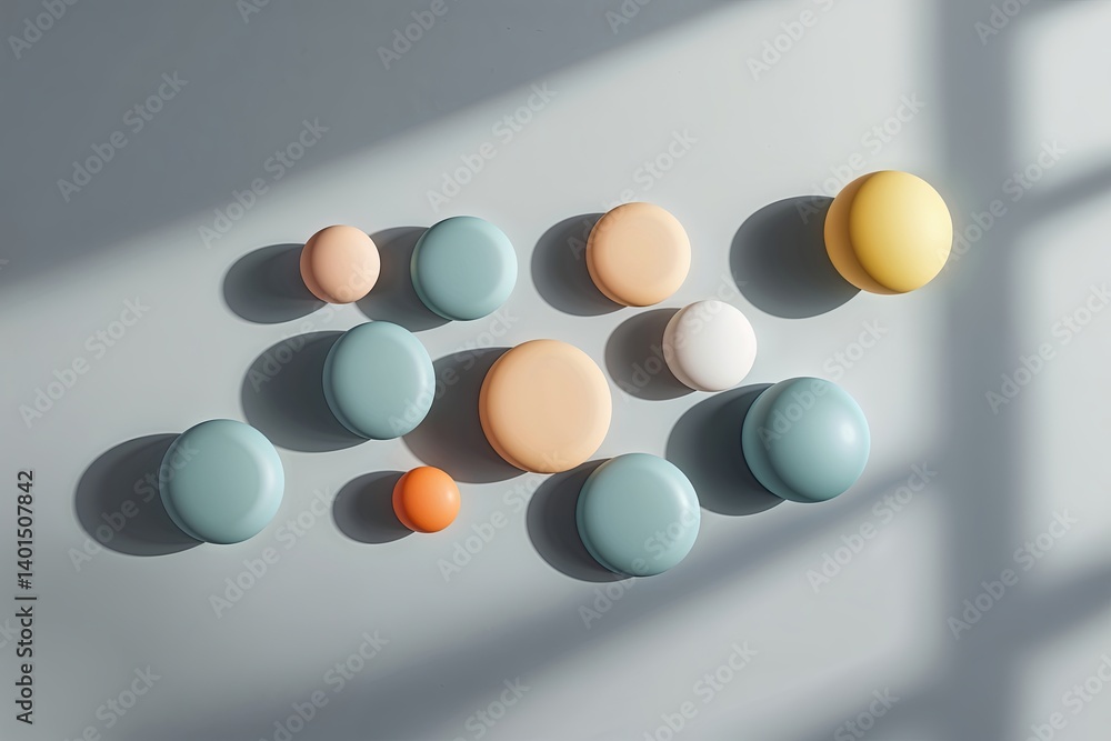 Aufkleber playful abstract composition of circles on light gray surface with soft shadows
