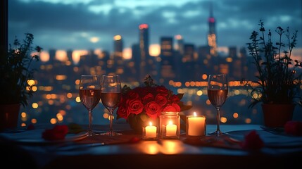 Obraz premium Romantic dinner with city skyline view.