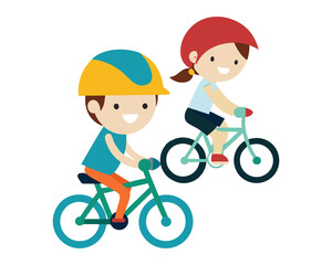 A boy and a girl riding bicycles with helmets on a sunny day isolated on transferring  background  © abulkashem