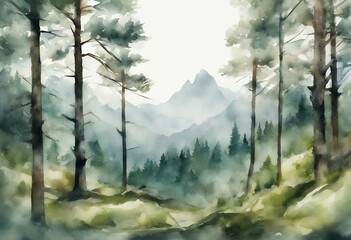 forest watercolor landscape green pine illustration mountain tree woodland trees plant conifer evergreen fir travel eagle spruce raven element background hawk wood splatter summer nature coniferous
