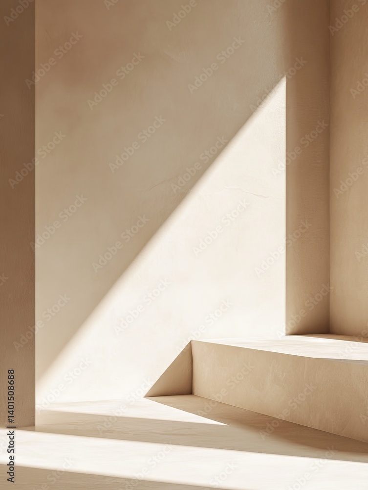 Poster sunlight streaming through a window casts soft shadows on a textured wall in a minimalistic interior