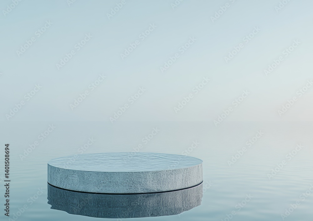 Poster circular platform floating on calm ocean waters under a bright sky with soft clouds in the distance 