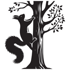 Agile Squirrel Climbing Tree Trunk Vector Illustration in Black Silhouette