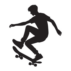 Dynamic Skateboarder Silhouette Performing Trick Jump on a White Background