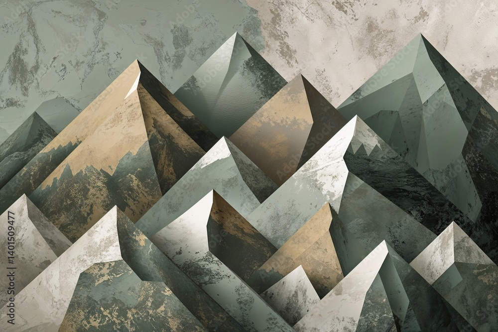 Poster rustic geometric abstraction with muted sage and ivory textured blocks reflecting mountainous terrai