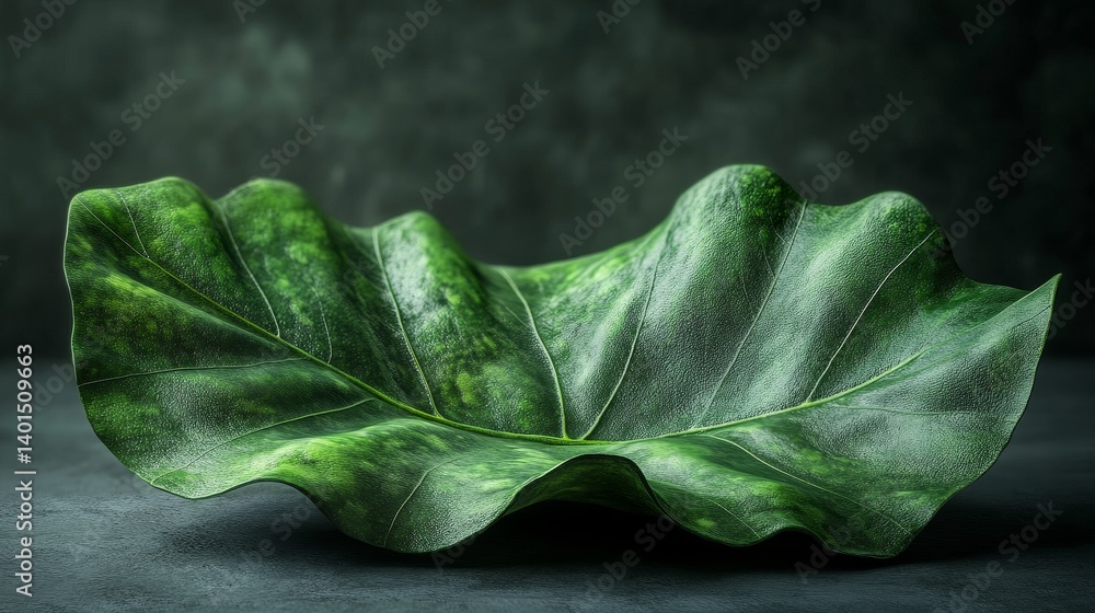 Poster lush green leaf showcasing intricate patterns and textures against a dark background emphasizing its