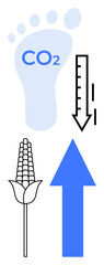 CO2 footprint, downward arrow, corn icon, and upward arrow emphasizing eco-conscious methods and development. Ideal for sustainability, carbon reduction, agriculture, renewable growth, eco-solutions