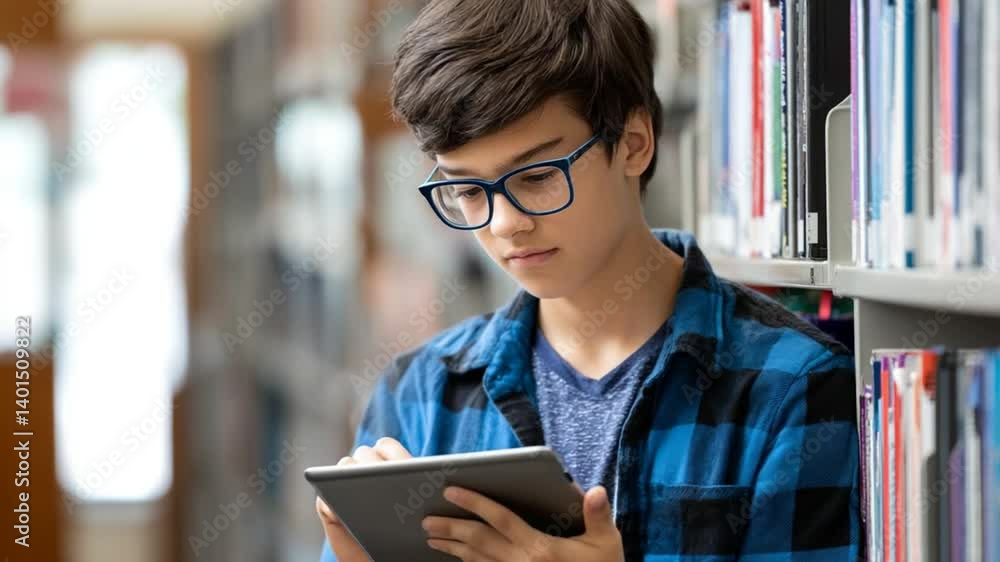 Poster high school male student studying with tablet in library setting generative ai