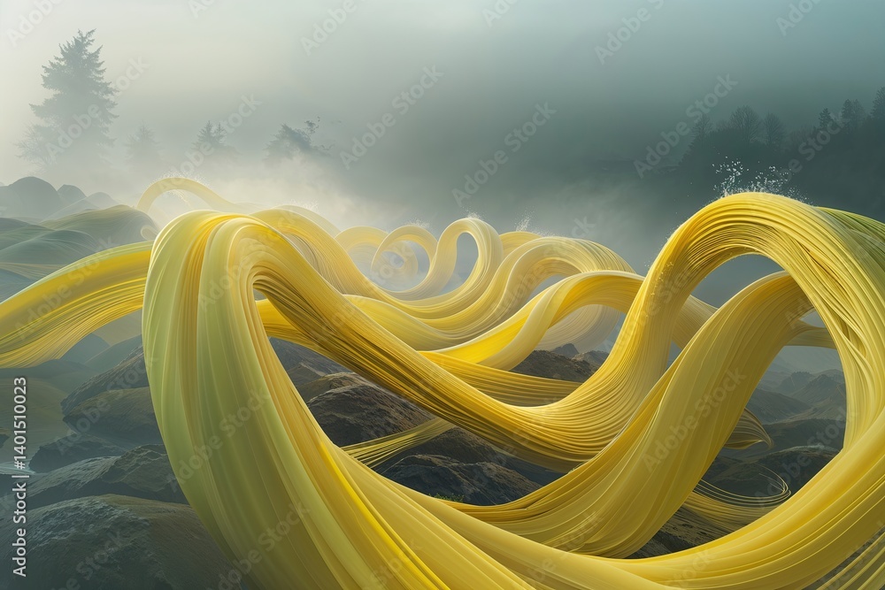 Poster intricate yellow loops flowing in luminous light and misty fog