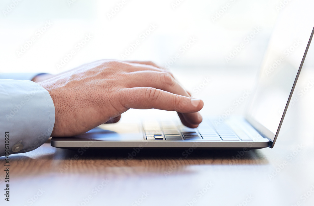 Aufkleber man, hands and laptop for email in office, planning and consultant for networking on internet. male 