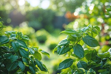 Obraz premium Beautiful green leaves in a bright, defocused garden landscape