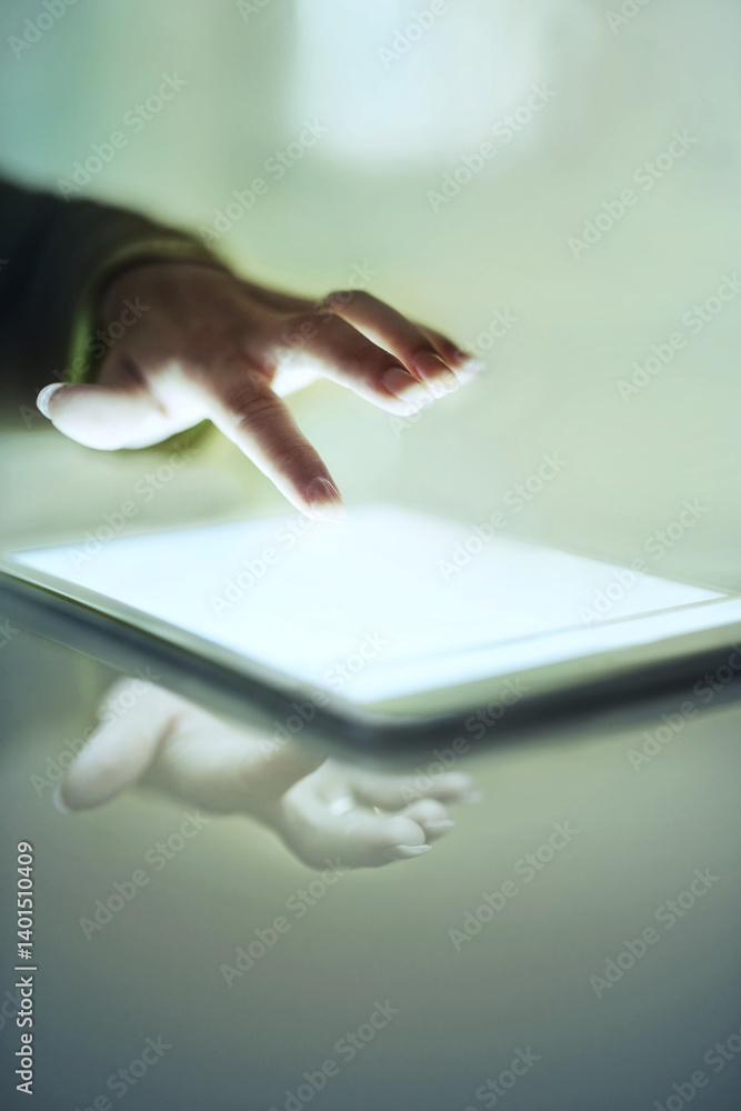 Poster finger, tablet and touch digital screen for connection or programming, software development and netw