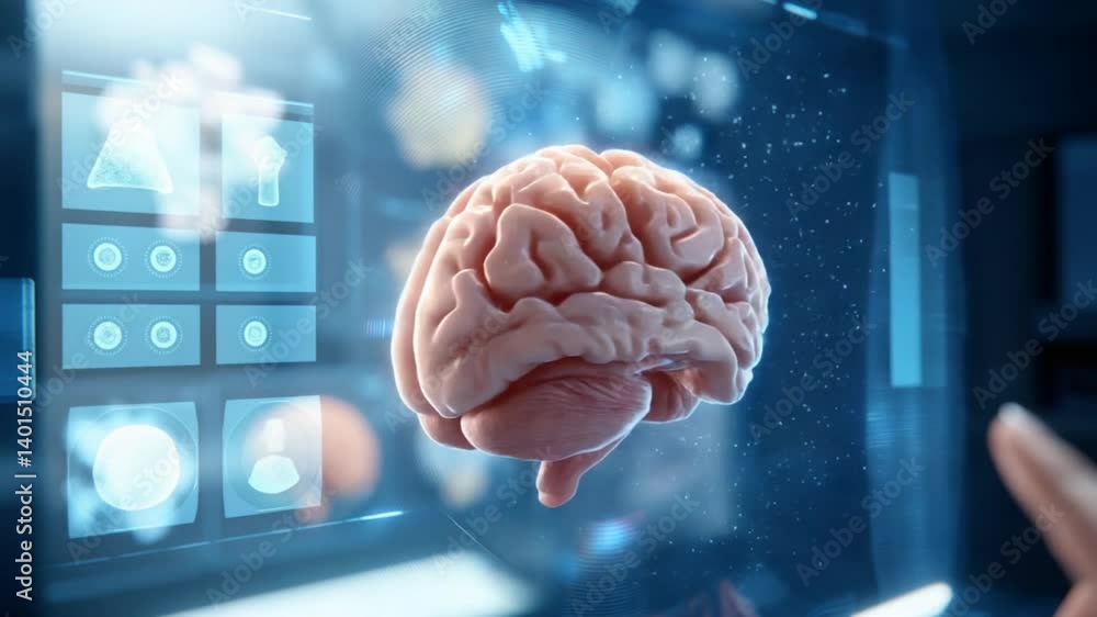 Poster human brain anatomical model rotates on screen in detailed animation generative ai