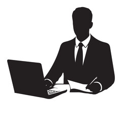 Silhouette Businessman at His Desk Working with Laptop and Paper