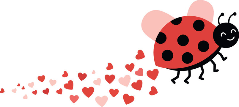 Naklejki Cute ladybug flying with heart-shaped trails in a minimal flat vector illustration