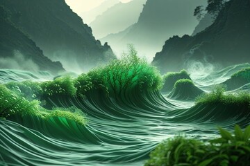 Abstract Seaweed Green Wave Visuals with Rich Ambiance and Misty Silhouettes