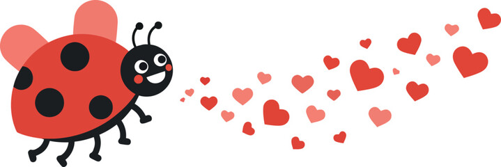 A cheerful ladybug blowing hearts in a playful and colorful flat vector illustration