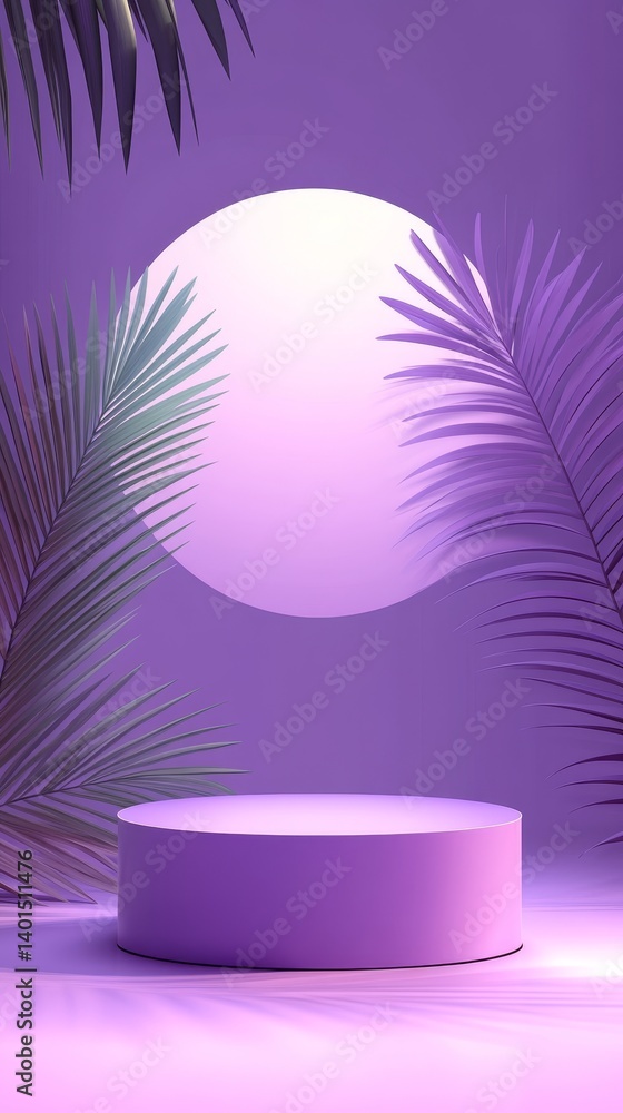 Poster purple backdrop with palm leaves creating a serene atmosphere in a minimalist setting with soft sunl