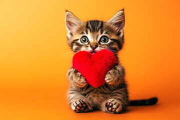 Obraz premium Cute donskoy feline infant with fluffy red heart - emblem of love, funny greeting card. Donskoy - my treasured cat. Ad visual graphic design. Love pet theme. Romantic red kitten. Animal love.