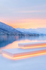 水辺の階段状プラットフォーム 鮮やかな夕焼け空と雪山背景 穏やかな冬景色 暖色系の光