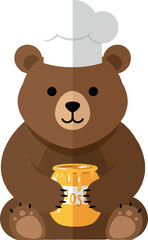 Fototapeta premium Cute brown bear wearing a chef hat holding a jar of honey in flat vector art