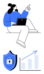 Woman working on a laptop, shield with a lock symbol, and upward arrow on graph. Ideal for technology, cybersecurity, productivity, business growth, online safety, data management and secure digital