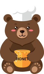 Obraz premium Cute brown bear wearing a chef hat holding a jar of honey in flat vector art