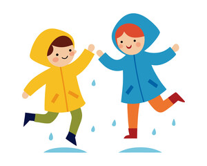 Two children jumping in puddles with raincoats and boots isolated on transferring background