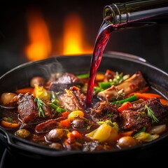 Red wine is poured into a stainless steel pot to deglaze the roasted ingredients such as bones, meat and vegetables, cooking steps for a rich stock or demi glace, copy space, selected focus