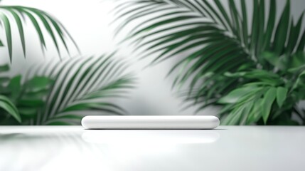 Fototapeta premium A Circular Pedestal is Surrounded by Lush Green Plants in a Serene Indoor Environment Designed for Presentations or Displays During Evening Events